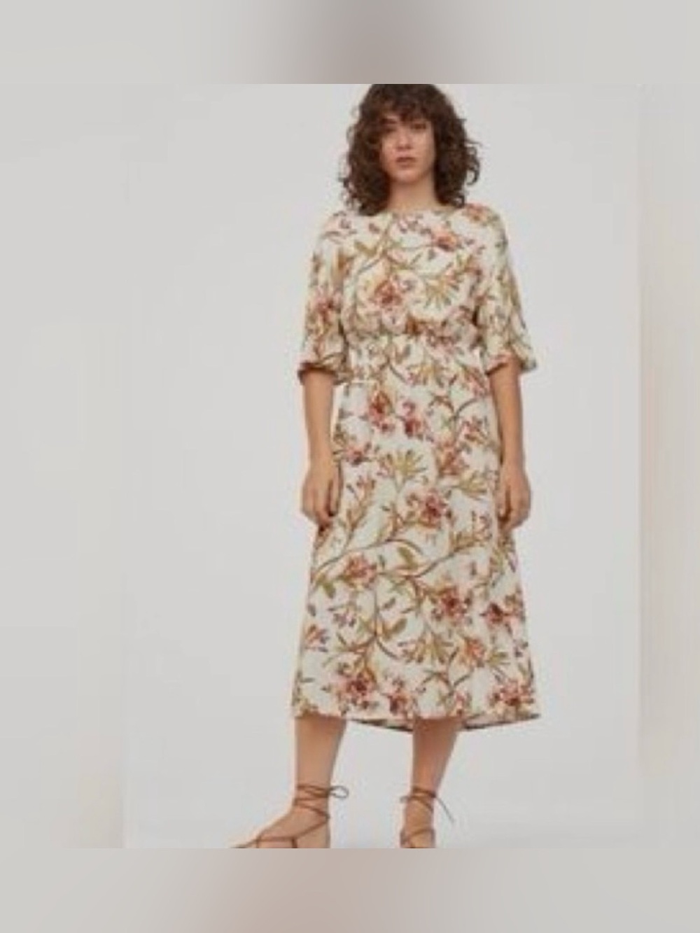 H&M | Cream Floral Midi Length Fall Dress - Size 10